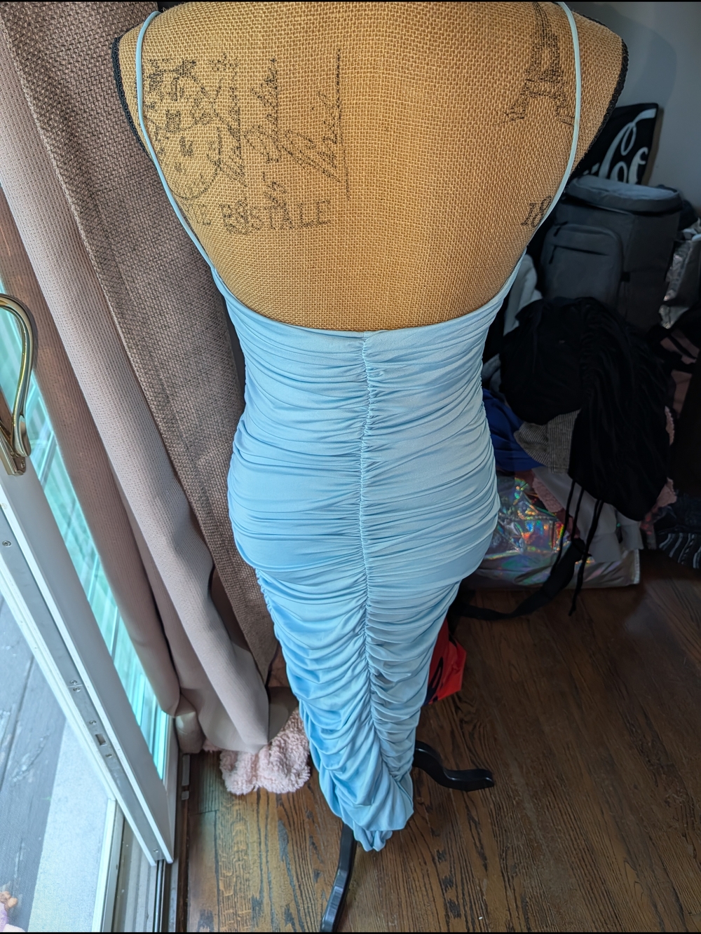 Light Blue Ruched Spaghetti Strap Dress